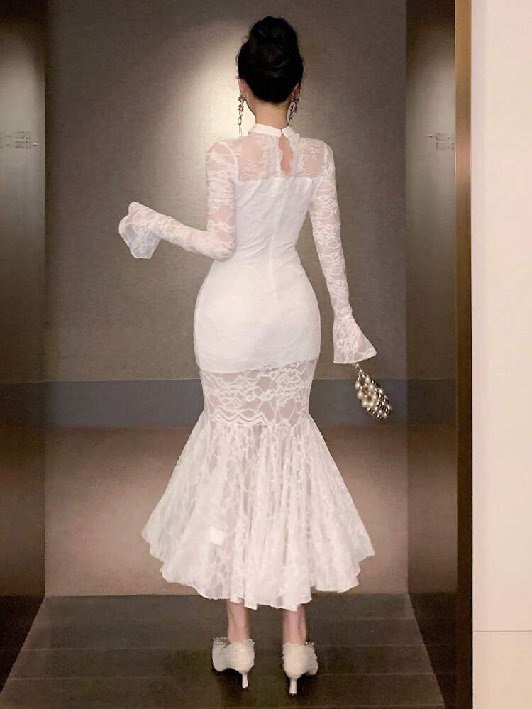 Sexy Bodycon Lace Patchwork Hollow Out Stand Collar Fitted Mermaid Hem Flare Sleeve Women Dress For Wedding Party,Fall Dress Long Sleeve Dress