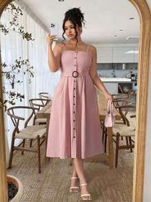 SHEIN Unity 可调节肩带收腰百搭连衣裙、度假连衣裙、优雅女士连衣裙、派对连衣裙、日常节日连衣裙 - 藕粉色 - 查看 4