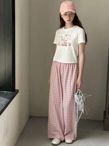 DAZY 2pcs/Set Youth Knit Graphic Print Short Sleeve T-Shirt + Plaid Pants, Spring/Summer - White - View 6