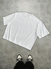 Manfinity Roghcode Men's Oversized Full Print Short Sleeve T-Shirt, Fashionable Street Style, Suitable For Summer Men's Cropped Tops, Graphic Tees Men Crop, Rapper Graphic Tees, Oversized T Shirt Men Anime - White - View 4