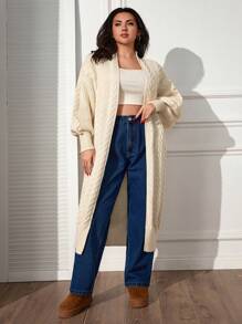SHEIN Cottnline كارديجان خريفي أبيض بمقاس كبير، فضفاض وناعم، بتصميم عادي مريح، محبوك بتضفيرات بارزة، مناسب للإجازات والمكتب والمناسبات الرسمية - لون مشمشي - مشاهدة 5