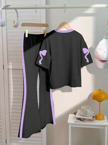 SHEIN Conjunto de 2 piezas de niña preadolescente de top de manga corta y pantalones minimalista casual, adecuado para el verano