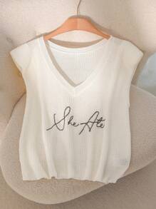 CosyJoli Plus Size Casual V-Neck Letter Embroidered Sleeveless T-Shirt Knit Sweater - White - View 1