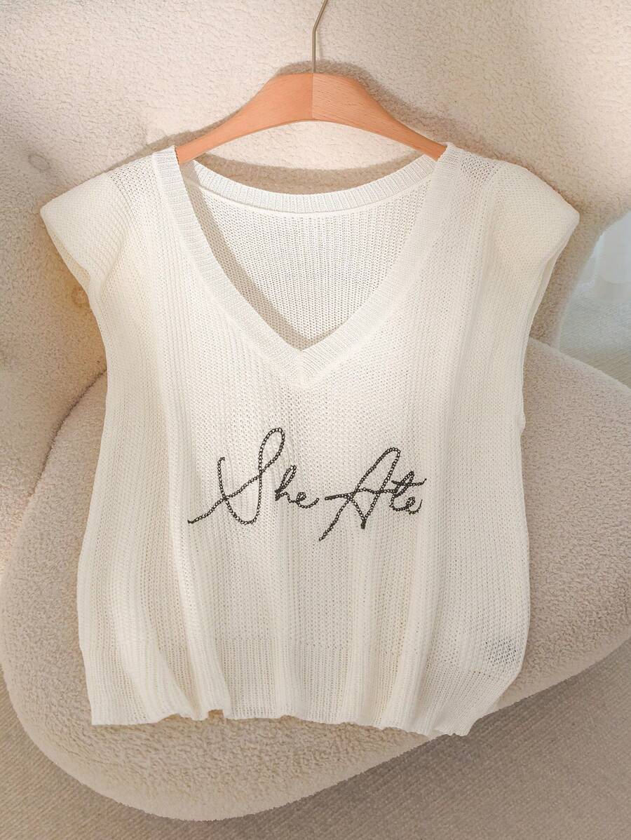 CosyJoli Plus Size Casual V-Neck Letter Embroidered Sleeveless T-Shirt Knit Sweater - White - View 1