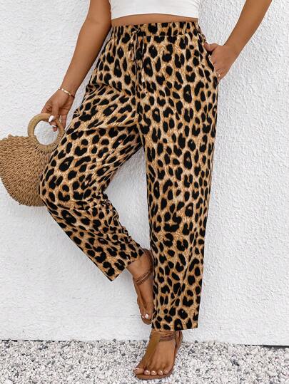 SHEIN Frenchy Plus Size Leopard Print Casual Pants, Summer Trousers, Vacation Trousers, Women Beachwear, Boho/Bohemian, Summer Women's Clothing, Casual, Daily Fashion,Summer Pants