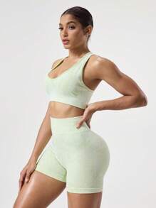 SHEIN Sports Conjunto de ropa deportiva de top de tirantes y shorts de unicolor simple para mujer - verde menta - Ver 3