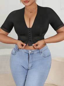 SHEIN Plus Size Black Breathable Lace Trim Waist Trainer Corset Top Comfortable And Shapewear For Everyday - Black - View 6