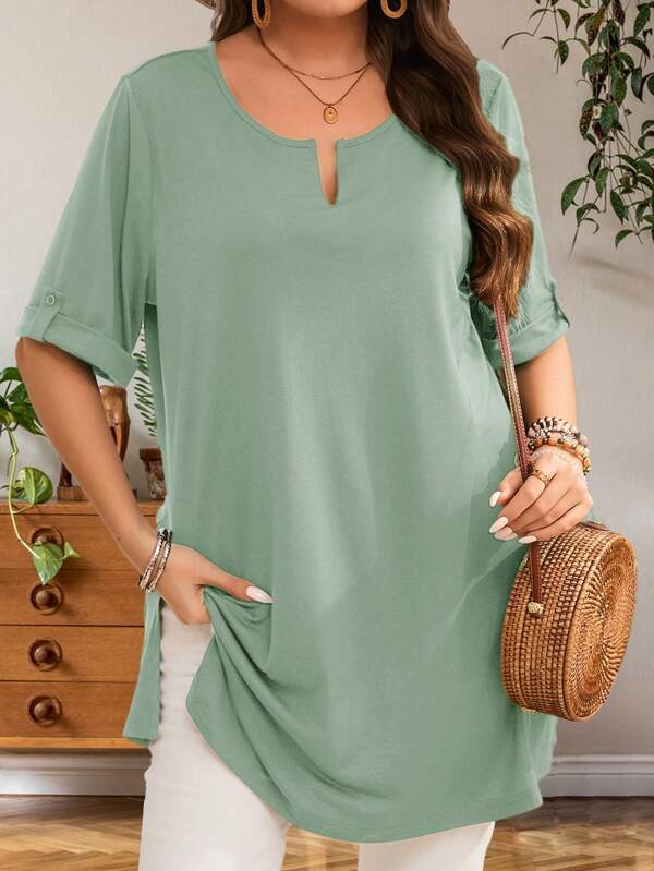 EMERY ROSE Tricou damă mărime mare, cu mânecă scurtă, verde măsliniu, primăvară timpurie