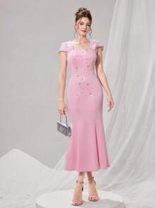 Poshira Women's Elegant French Style Pearl Embellished Mermaid Hem Fitted Dress, Slimming And Classy