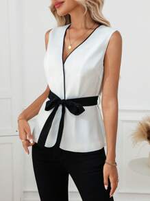EMERY ROSE Women's Contrast Trim V-Neck Tie Waist Sleeveless Blouse - White - View 6