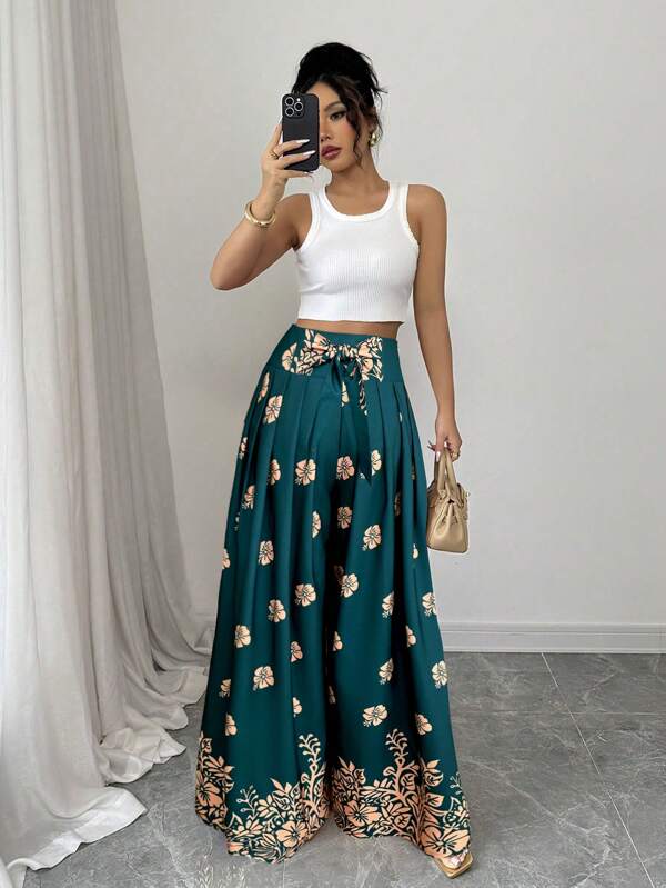 Elenzga Pantaloni largi de vară pentru femei, cu imprimeu floral (imprimat floral)