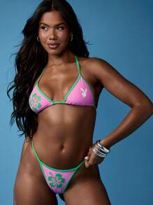 Missguided x Playboy 夏威夷芙蓉印花三角形两件套泳衣，带撞色绑带，夏季海滩度假泳池派对泳衣