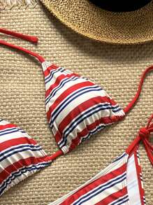 SHEIN Swim 3pcs Women Sexy 4th Of July Beachwear New Ladies Triangle Striped Print Top & Tie Side Bottom & Boyshorts High Elastic Tight Sexy Simple Bikini Set