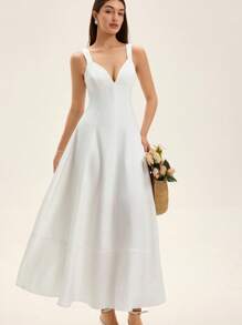 Aveloria Rosie New French Style Beach Vacation Date Simple Elegant Elegant Women Deep V-Neck Waist-Cinched Vertical Split Design Flared Hem Sleeveless Dress   Old Money Style For Summer