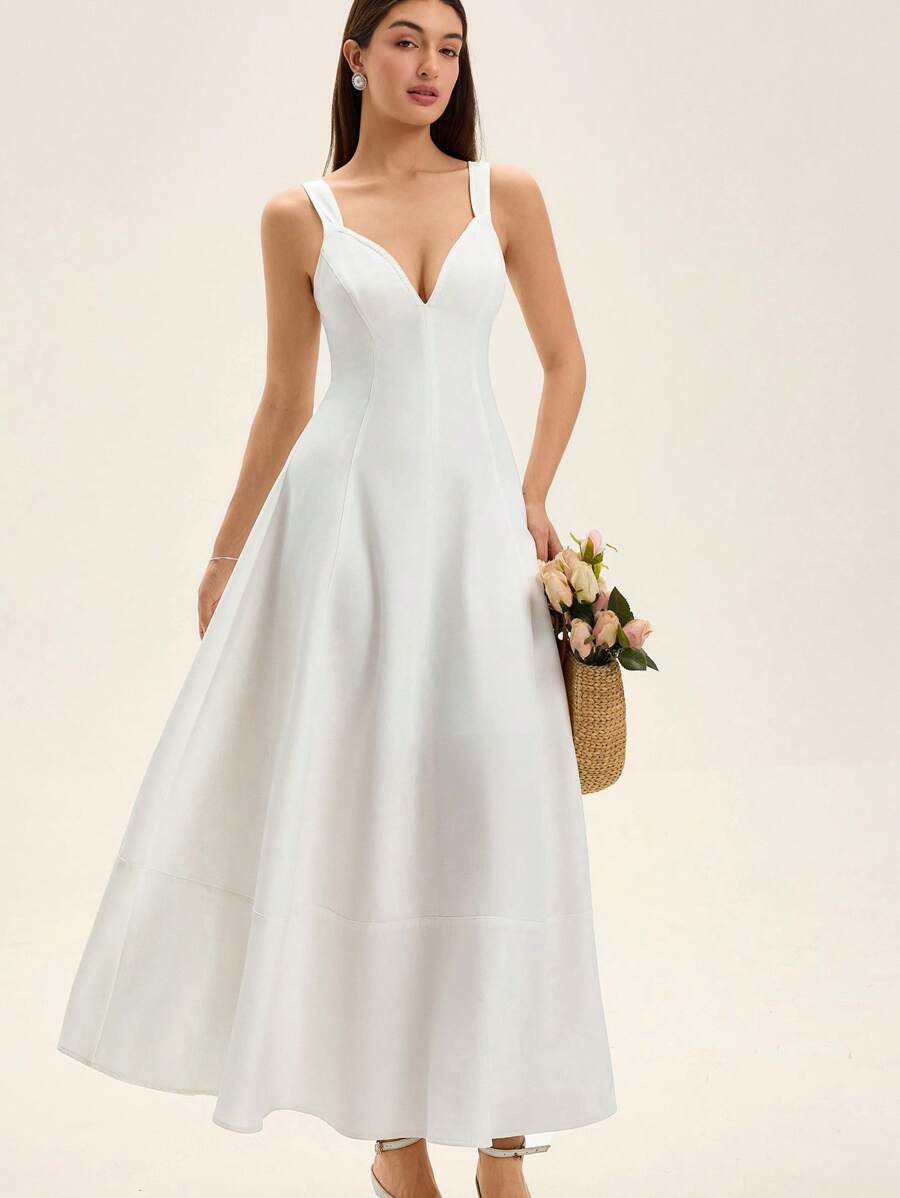 Aveloria Rosie New French Style Beach Vacation Date Simple Elegant Elegant Women Deep V-Neck Waist-Cinched Vertical Split Design Flared Hem Sleeveless Dress   Old Money Style For Summer