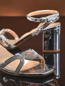 SHUZIA Women's Block Heel Square Toe Rhinestone Ankle Strap Fashionable Sandals - Silver - View 5
