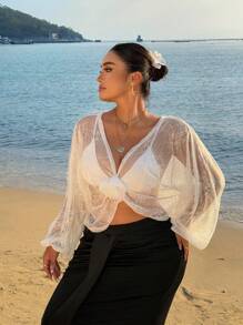 SHEIN Clasi Plus Size Women's Elegant Summer White Lace Sheer Blouse, Floral Batwing Lantern Sleeve Cropped Tops For Beach Holiday,Party,Club Galas - White - View 1