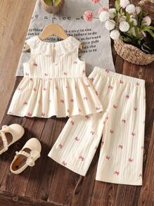 SHEIN Vintaside Kids 两件套女婴白色蕾丝边无袖短款上衣，带蝴蝶结和休闲长裤，舒适的春夏季度假服装，浅米黄色婴儿服装 - 杏色 - 查看 8