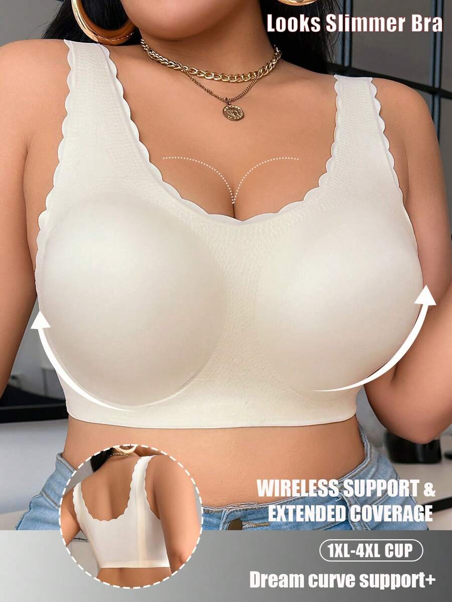 SHEIN Plus Size Minimalist Solid Color Shell Trim Seamless Bra - White - View 1