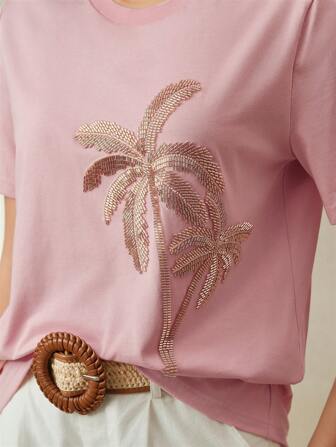 Anewsta Elegante Camiseta de Manga Curta com Decote Redondo, Branca, para Mulheres, com Bordado Floral e Pérolas, Básica Reta e Casual, Verão