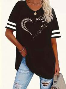EMERY ROSE 女式加大码休闲 V 领 T 恤，心形印花，短袖，条纹设计，适合所有季节 - 黑色 - 查看 1