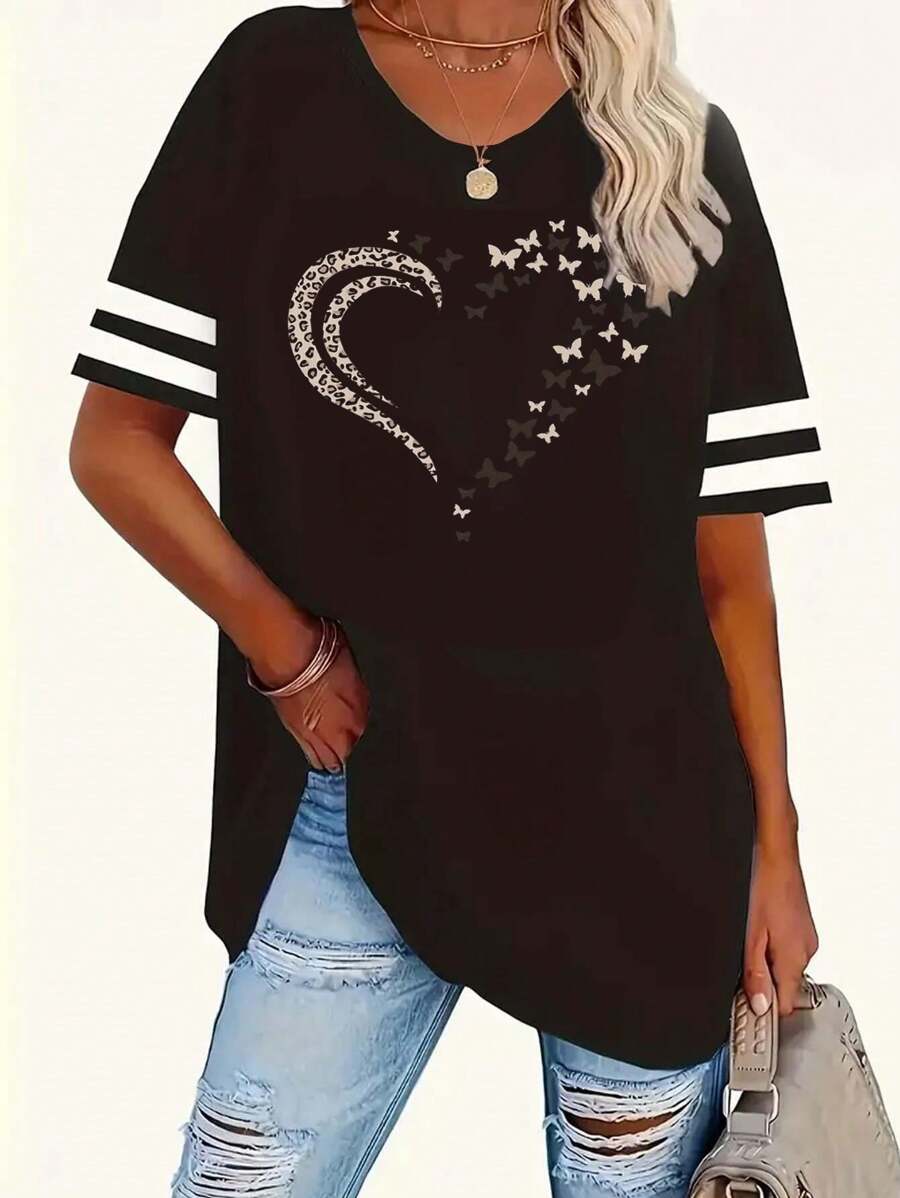 EMERY ROSE 女式加大码休闲 V 领 T 恤，心形印花，短袖，条纹设计，适合所有季节 - 黑色 - 查看 1