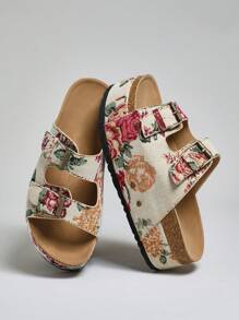 SHUZIA Women's Floral Print Open Toe Double Buckle Cork Footbed Slide Sandals - Multicolor - View 8