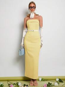 COSMINA Đầm bodycon không tay cho nữ, trang phục dự tiệc thanh lịch, mùa hè - Vàng nhạt - Xem 5