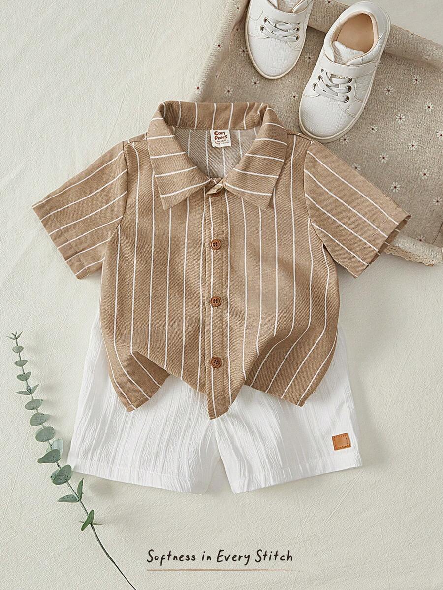 Cozy Pixies Baby Boy Vertical Striped Lapel Short Sleeve Cardigan And Solid Elastic Waist Shorts 2 Pieces Set - Khaki - View 1