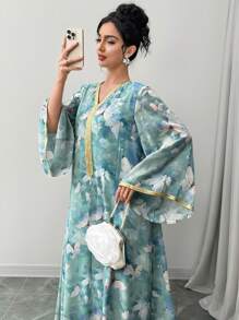 Yasmyna Women's Elegant Butterfly Print Splicing Ribbon Flare Sleeve Dress, Modest - Multicolor - View 2
