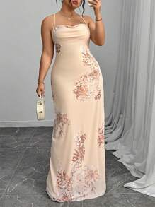 Elenzga Váy yếm in hoa thanh lịch cỡ lớn cho mùa hè - Màu be - Xem 5