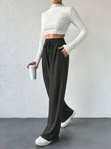 SHEIN Tall Tall Size Women Solid Color Casual Elastic Waist Drawstring H-Shape Wide Leg Design Pants - Dark Grey - View 4