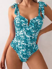 Swim Lushoire 1 buah Baju Renang Terusan Wanita Motif Tumbuhan, Untuk Liburan Musim Panas - Mint Blue - View 5