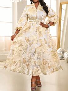 Fleurora Ladies' Floral Jacquard Long Lantern Sleeve Modest Dress Elegant Party Wedding Guests Four Seasons Old Money FestivalPlus Size Dresses Cruise Outfits Women