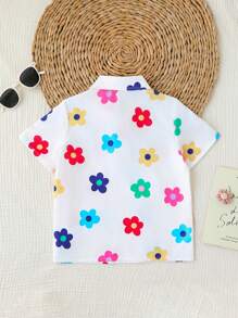 SHEIN Young Boy时尚花卉印花短袖Polo衫，适合春夏季休闲、度假、外出、拍照 - 白色 - 查看 2