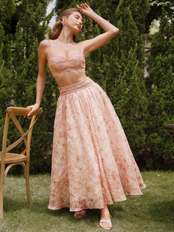 Savoree 2pcs Set: Elegant Women's Summer Vacation Outfit - Camisole Top With Lace-Up Back & Lattice Weave Pattern; Paired With Long Floral Lattice Weave Skirt