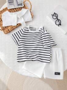 SHEIN 3件套婴儿男女童夏季可爱条纹短袖上衣、松紧腰短裤、披肩三件套，适合生日派对、晚宴、演出、婚礼、迎婴派对、一周岁生日庆祝等场合。 - 彩色 - 查看 7