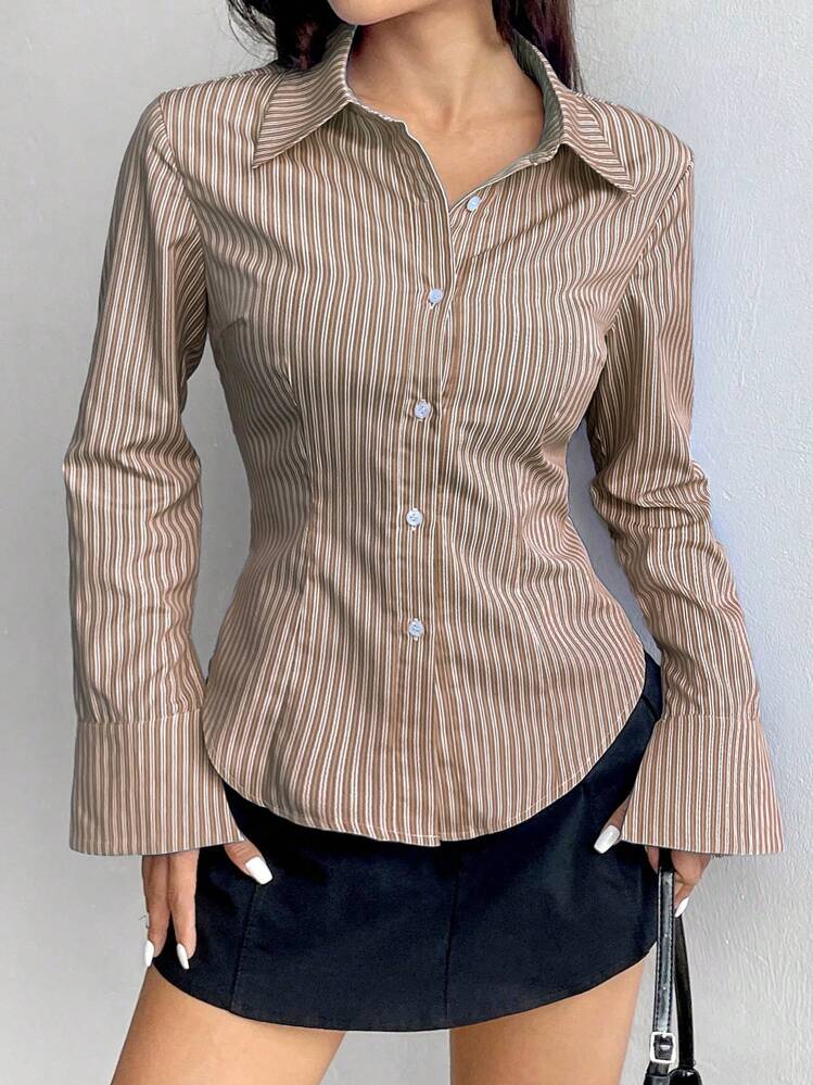 SHEIN Unity Blouse casual/de travail à manches longues et boutonnage simple à rayures pour femmes - Marron - Voir 6