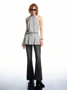 LYSMO Women's Halter Tie Striped Backless Mini Dress With Asymmetrical Hem - Grey - View 6