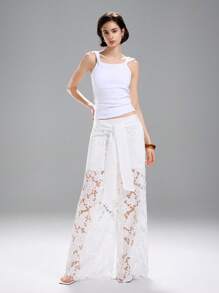 LYSMO Women's Solid Color Tie Knot Pocket Lace Patchwork Elegant Pants - White - View 6