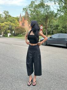 Comfortcana Women's Solid Color Pleated Wide Leg Loose Casual Shorts - Black - View 4