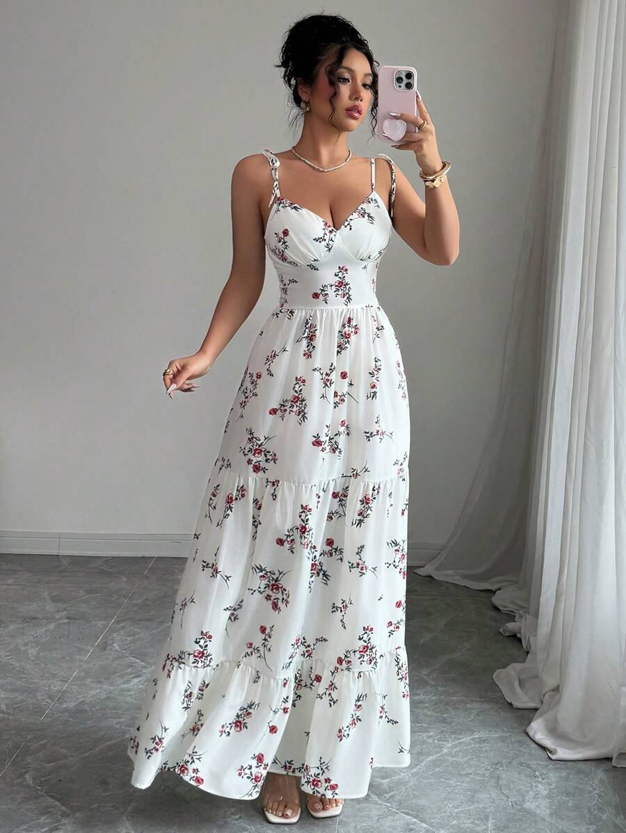 Elenzga 女士碎花荷叶边下摆无袖连衣裙，适合度假穿着