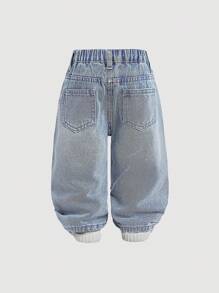 SHEIN Baby Girl Fashion Denim Cocoon Pants, Suitable For Summer, Blue - Light Wash - View 2