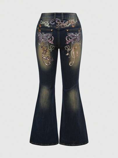 Fairycore Große Größen "Lache oft" Englischer Text & Leoparden Schleifen Design Vintage Jeans