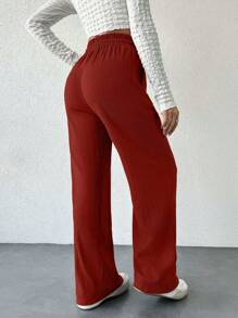 EURMUSE Quần ống rộng cạp chun rút dây kiểu chữ H thường ngày cho nữ - Gỗ đỏ - Xem 2