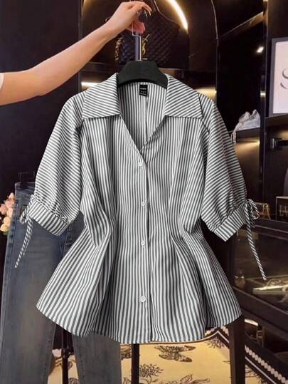 Franclia Elegant Short Sleeve Blouse, Striped Shirt, Fitted Waist Puff Sleeve Top, Suitable For Women
