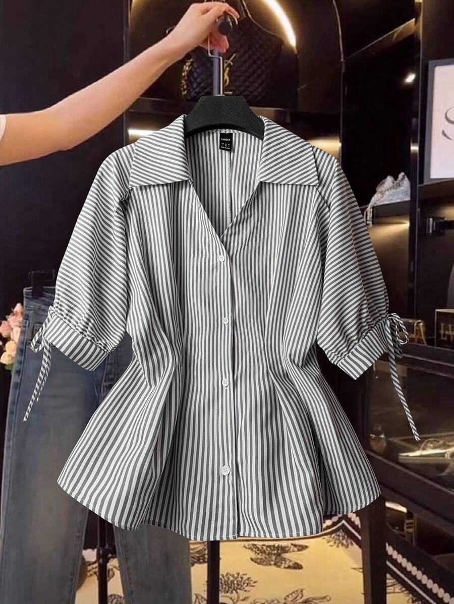 Franclia Elegant Short Sleeve Blouse, Striped Shirt, Fitted Waist Puff Sleeve Top, Suitable For Women - Black - View 1