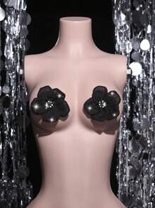 SHEIN Elegant Sexy Rhinestone Flower Nipple Cover, For Rave - Black - View 5