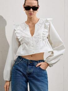 SHEIN Privé New French Fashion Vacation Youthful Minimalist Versatile Casual Round Collar V-Neck Design Embroidery Lace Panel Ruffled Loose Hem Short Long Sleeve Women Blouse Fall Cloth For Women