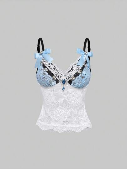 Fairycore Women's Mermaid Lace Patchwork Rhinestones Embroidery Camisole Top, Suitable For Beach Vacation